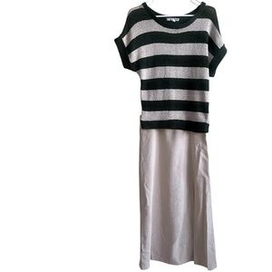 Dark Green & Cream Stripe Knit Top with Cream Maxi Skirt